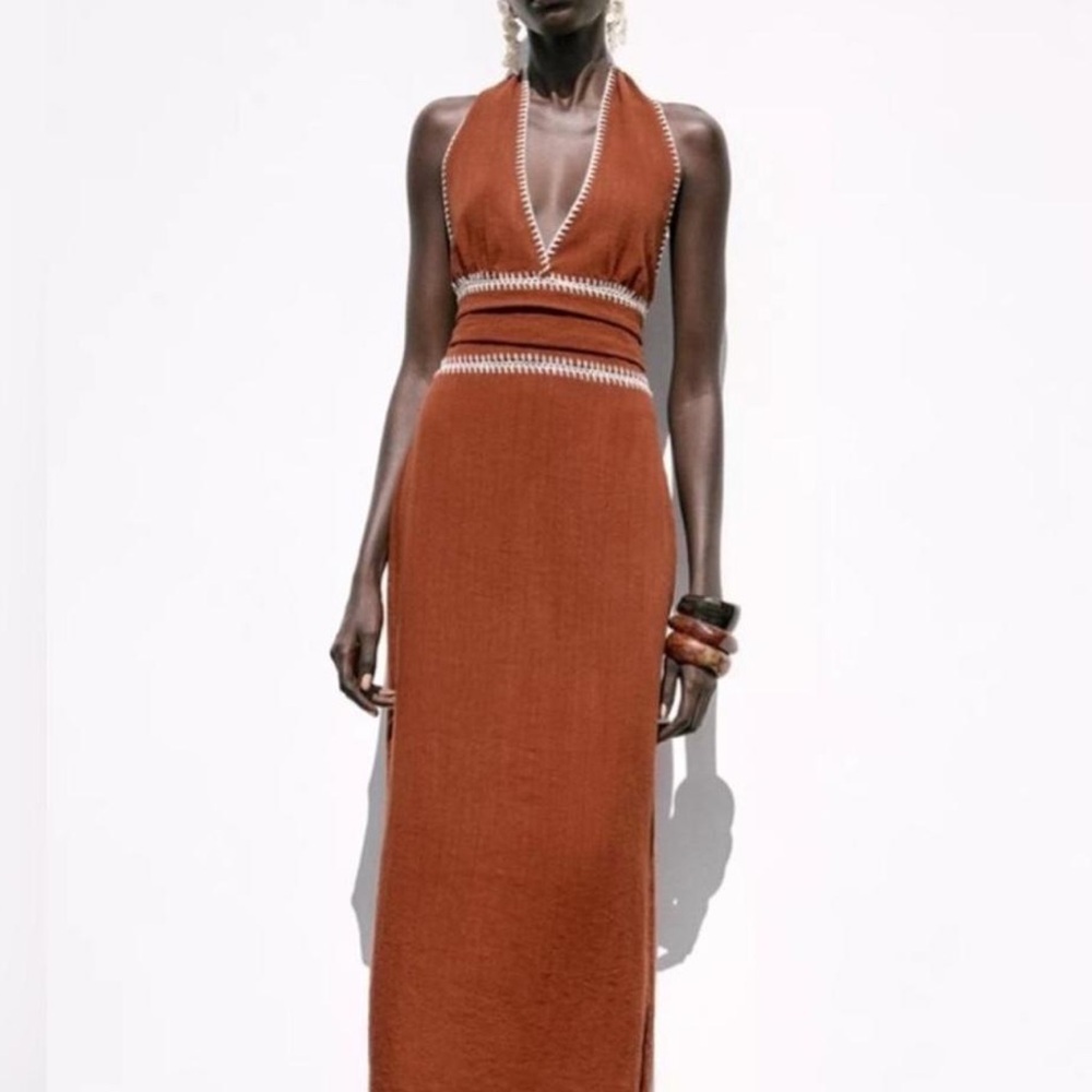 Zara Brown Backless Halter Dress